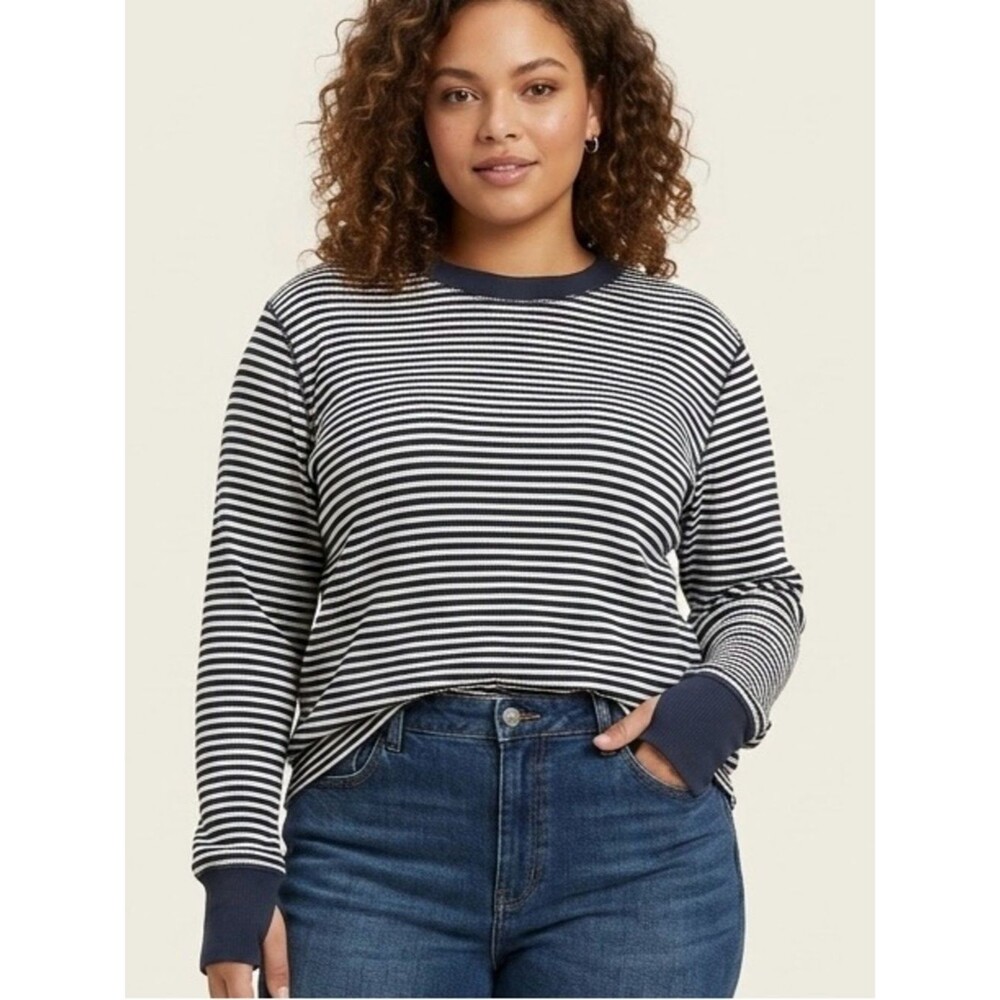 Duluth Trading Co Long Sleeve Navy & White Preppy Waffle-knit Thermal Top SZ 1X